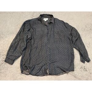 Utopia Mens 100% Silk Button Down Shirt Large Black Grey Green Medallion Print